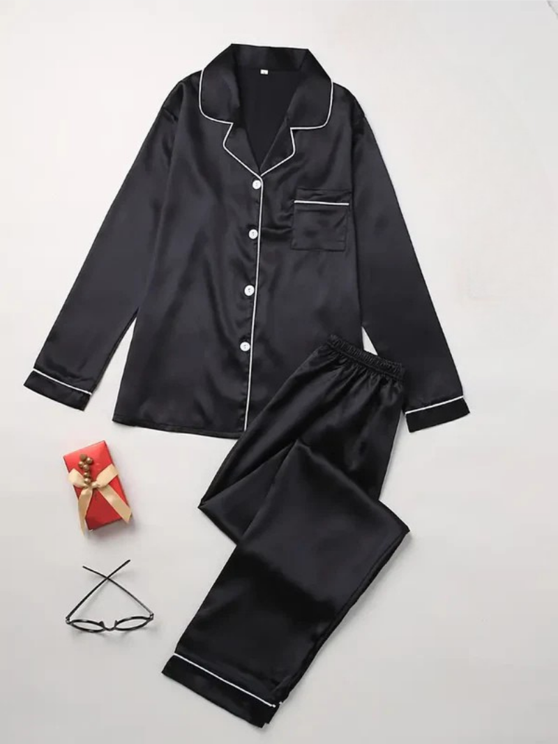 Dames luxe satijnen pyjama set | Lange mouwen knoopsluiting