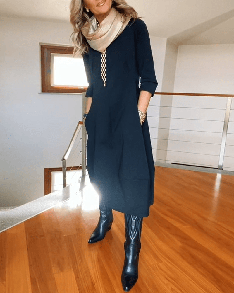 Abito elegante da donna a maniche lunghe con tasche | Midi