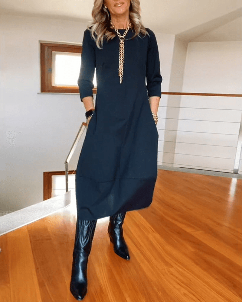 Abito elegante da donna a maniche lunghe con tasche | Midi