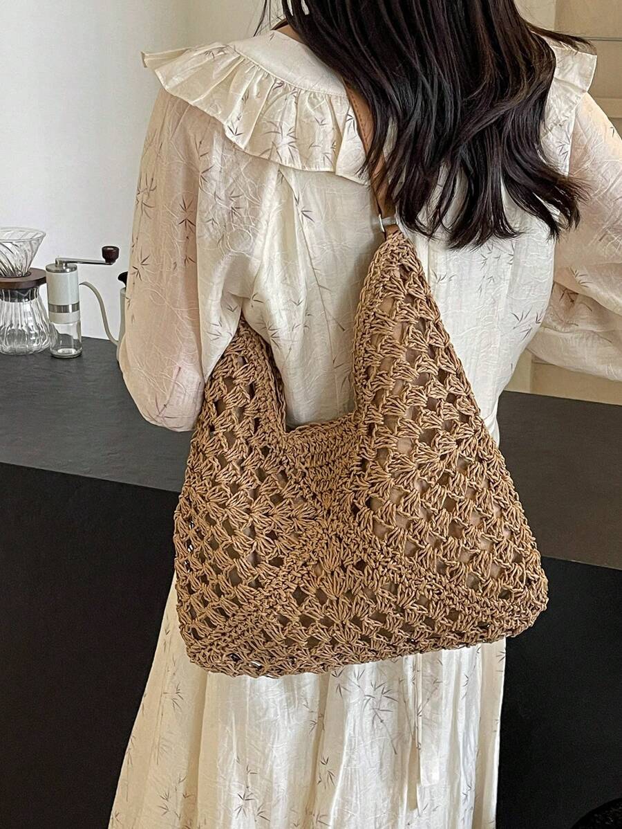 Borsa estiva bohemien da donna in paglia | Grande, design all'uncinetto