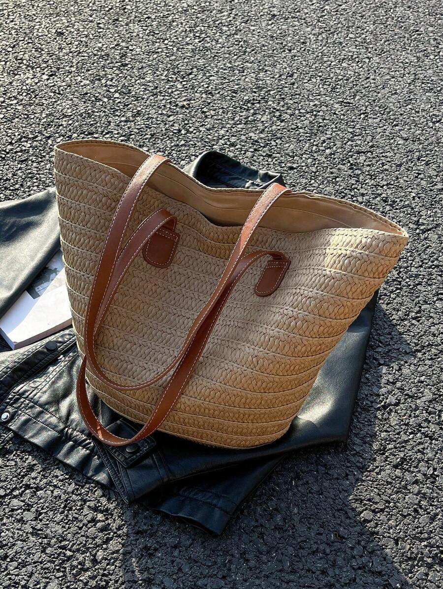 Borsa estiva moderna da donna in paglia | Grande, con manici in pelle