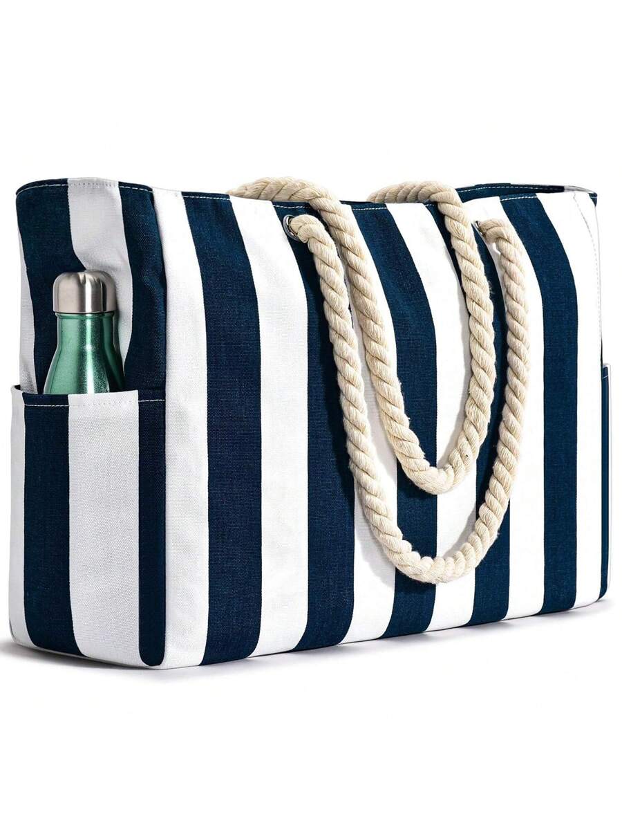 Dames Gestreepte Zomer Strandtas | Groot, Met Canvas