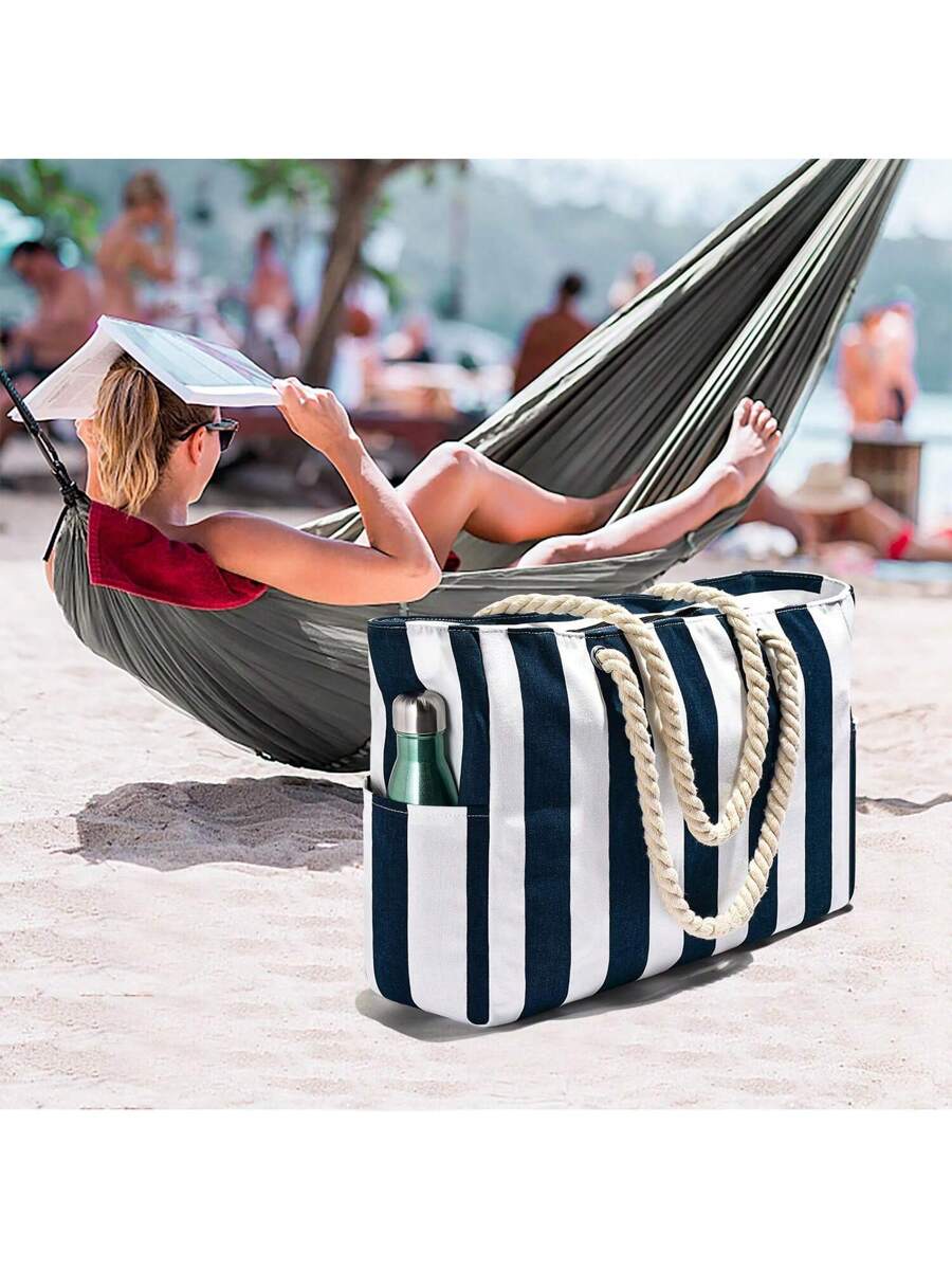 Dames Gestreepte Zomer Strandtas | Groot, Met Canvas