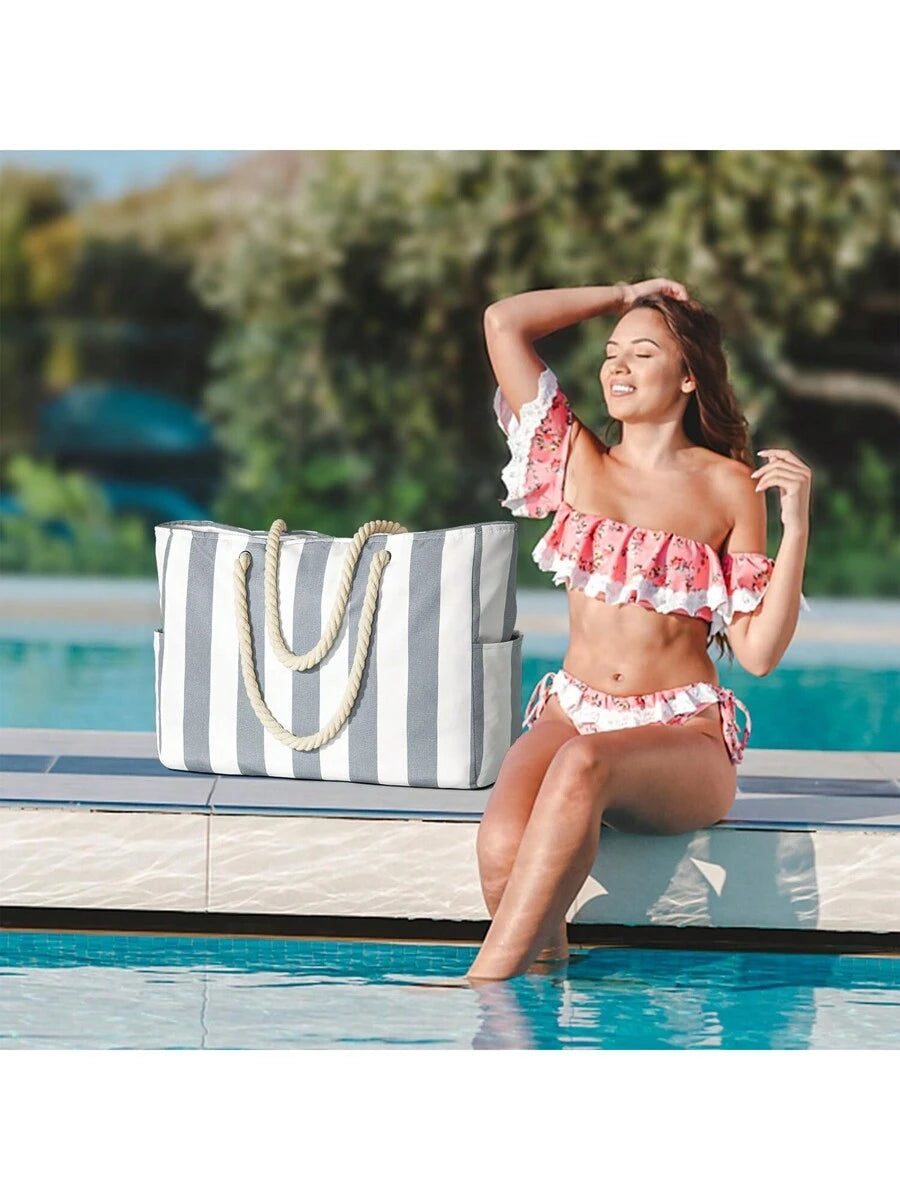 Dames Gestreepte Zomer Strandtas | Groot, Met Canvas
