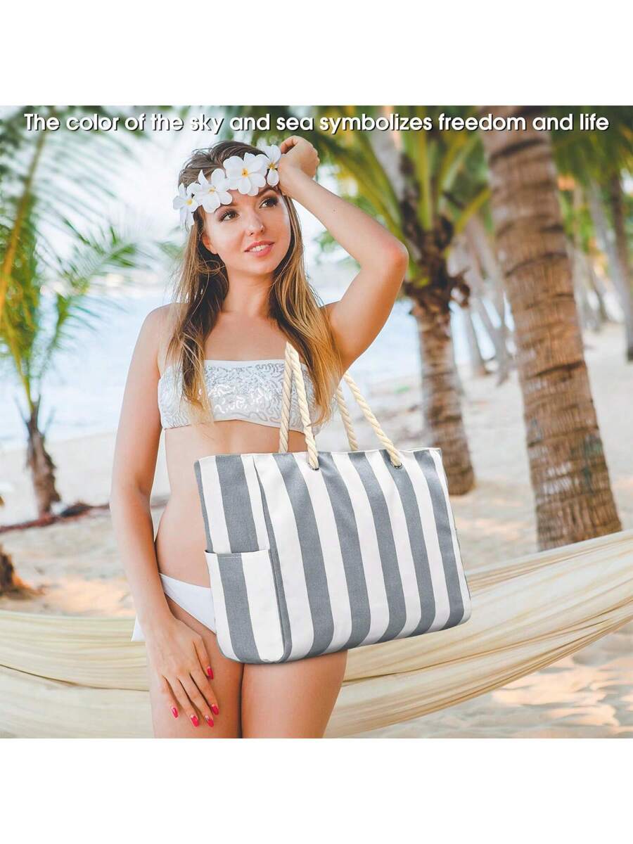 Dames Gestreepte Zomer Strandtas | Groot, Met Canvas