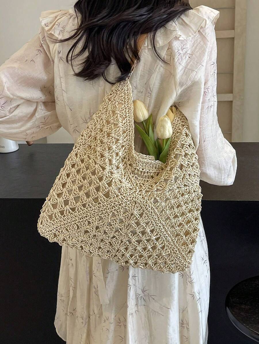 Borsa estiva bohemien da donna in paglia | Grande, design all'uncinetto