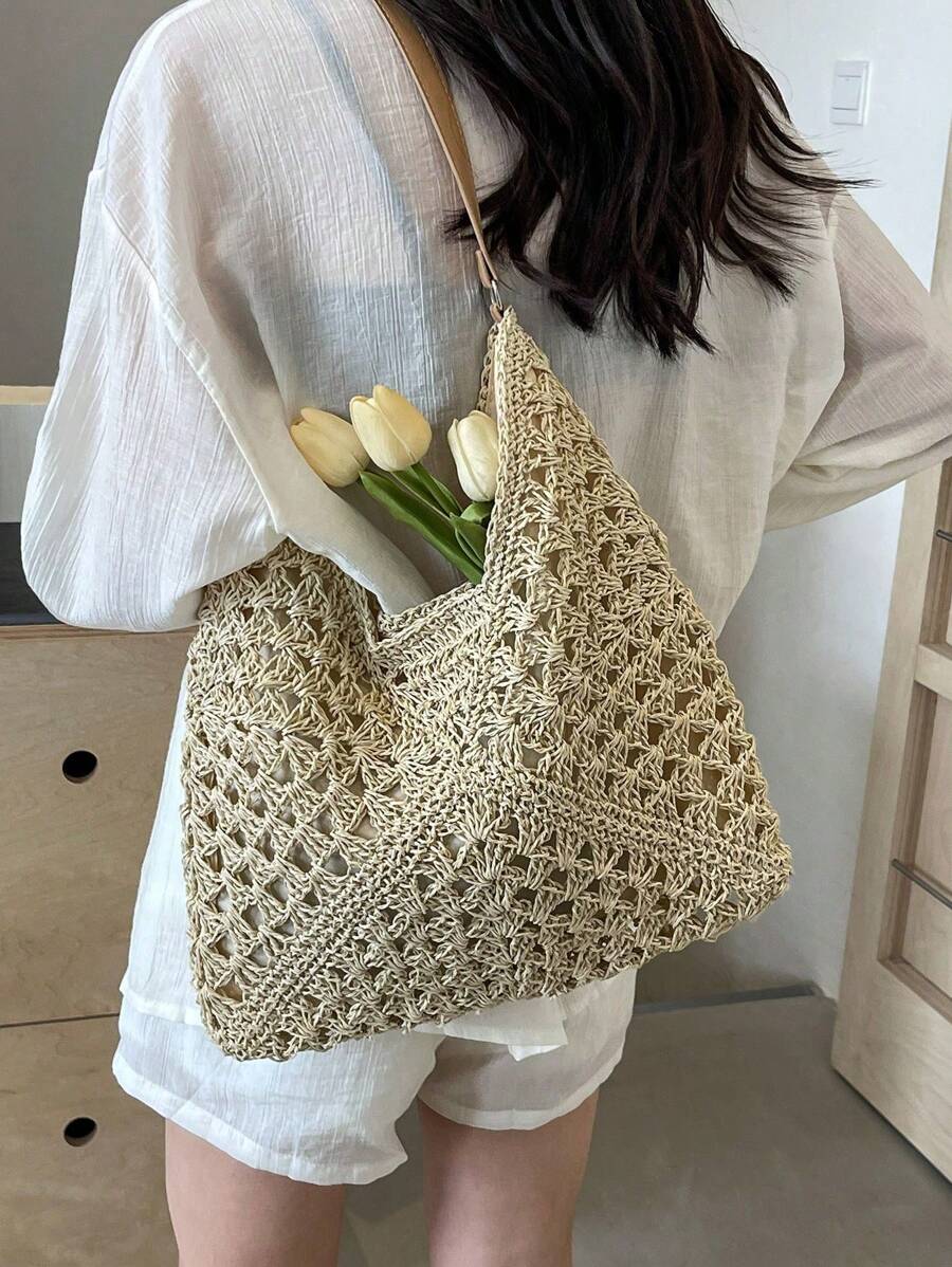 Borsa estiva bohemien da donna in paglia | Grande, design all'uncinetto