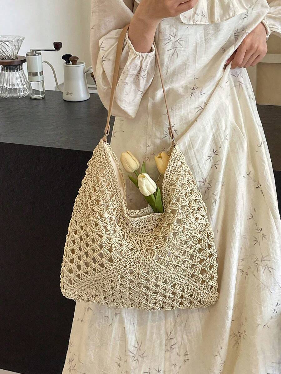 Borsa estiva bohemien da donna in paglia | Grande, design all'uncinetto