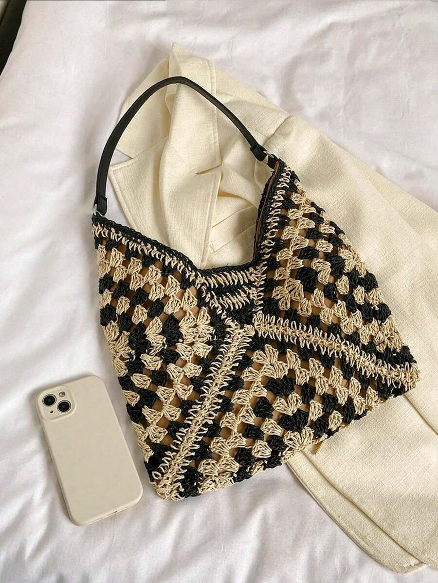 Borsa estiva bohemien da donna in paglia | Grande, design all'uncinetto