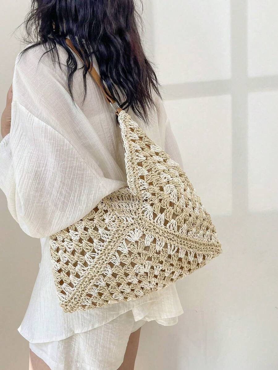 Borsa estiva bohemien da donna in paglia | Grande, design all'uncinetto