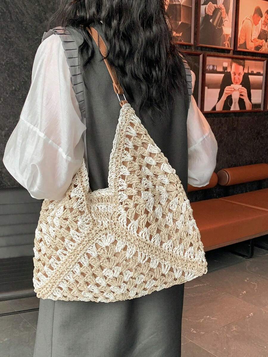 Borsa estiva bohemien da donna in paglia | Grande, design all'uncinetto