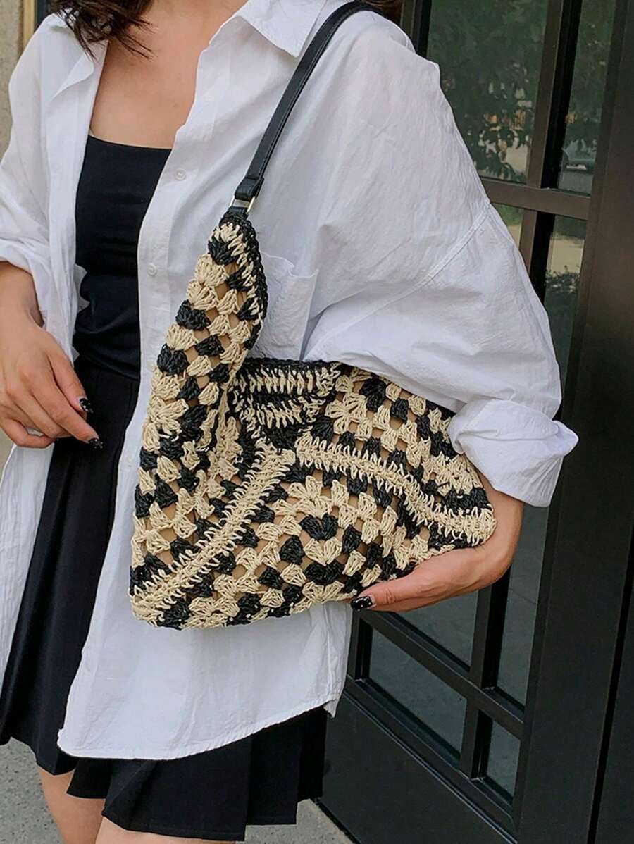 Borsa estiva bohemien da donna in paglia | Grande, design all'uncinetto