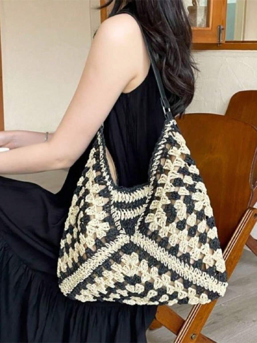 Borsa estiva bohemien da donna in paglia | Grande, design all'uncinetto