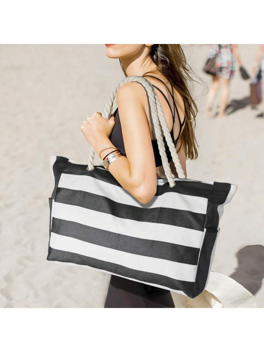 Dames Gestreepte Zomer Strandtas | Groot, Met Canvas