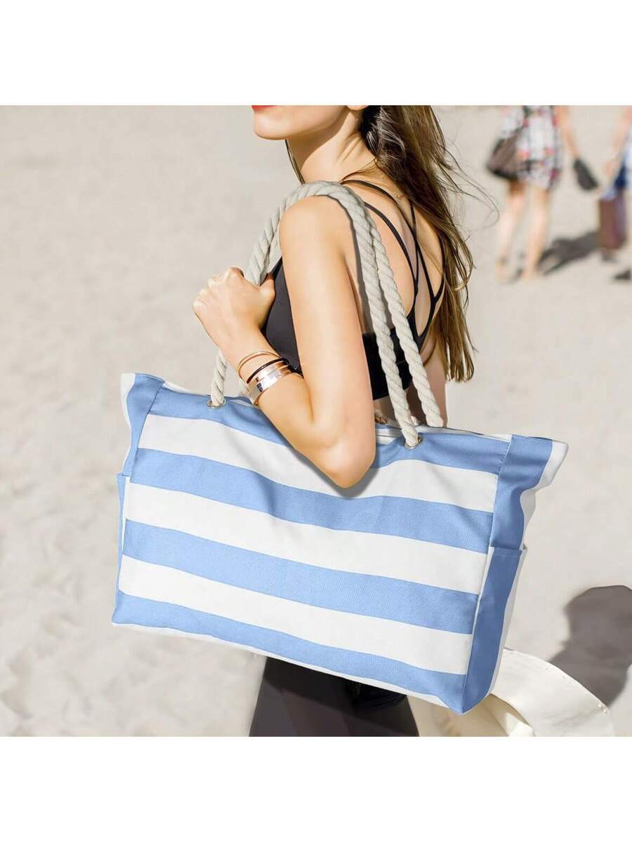 Dames Gestreepte Zomer Strandtas | Groot, Met Canvas