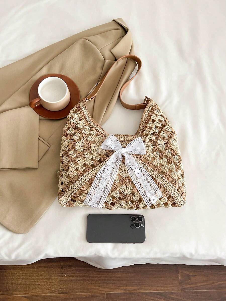 Borsa estiva bohemien da donna in paglia | Grande, design all'uncinetto