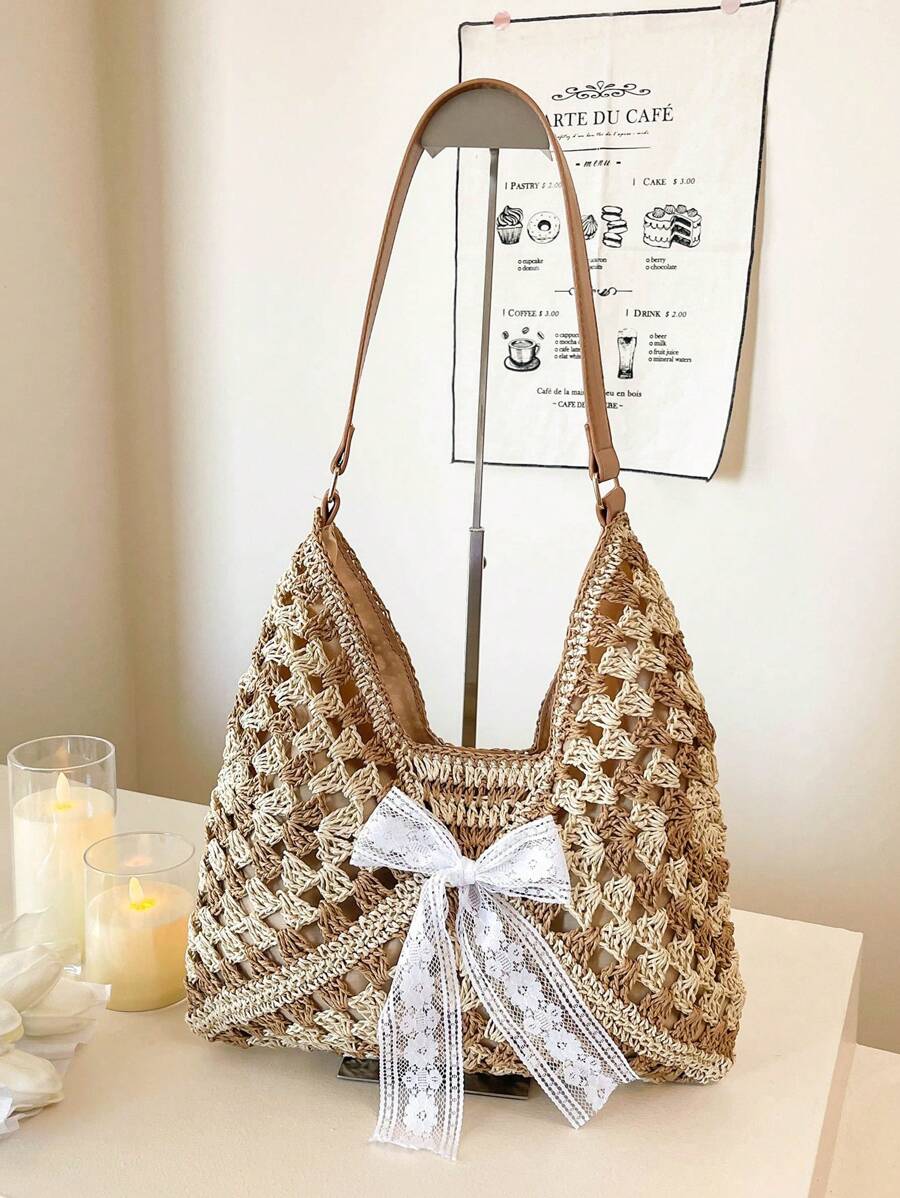 Borsa estiva bohemien da donna in paglia | Grande, design all'uncinetto