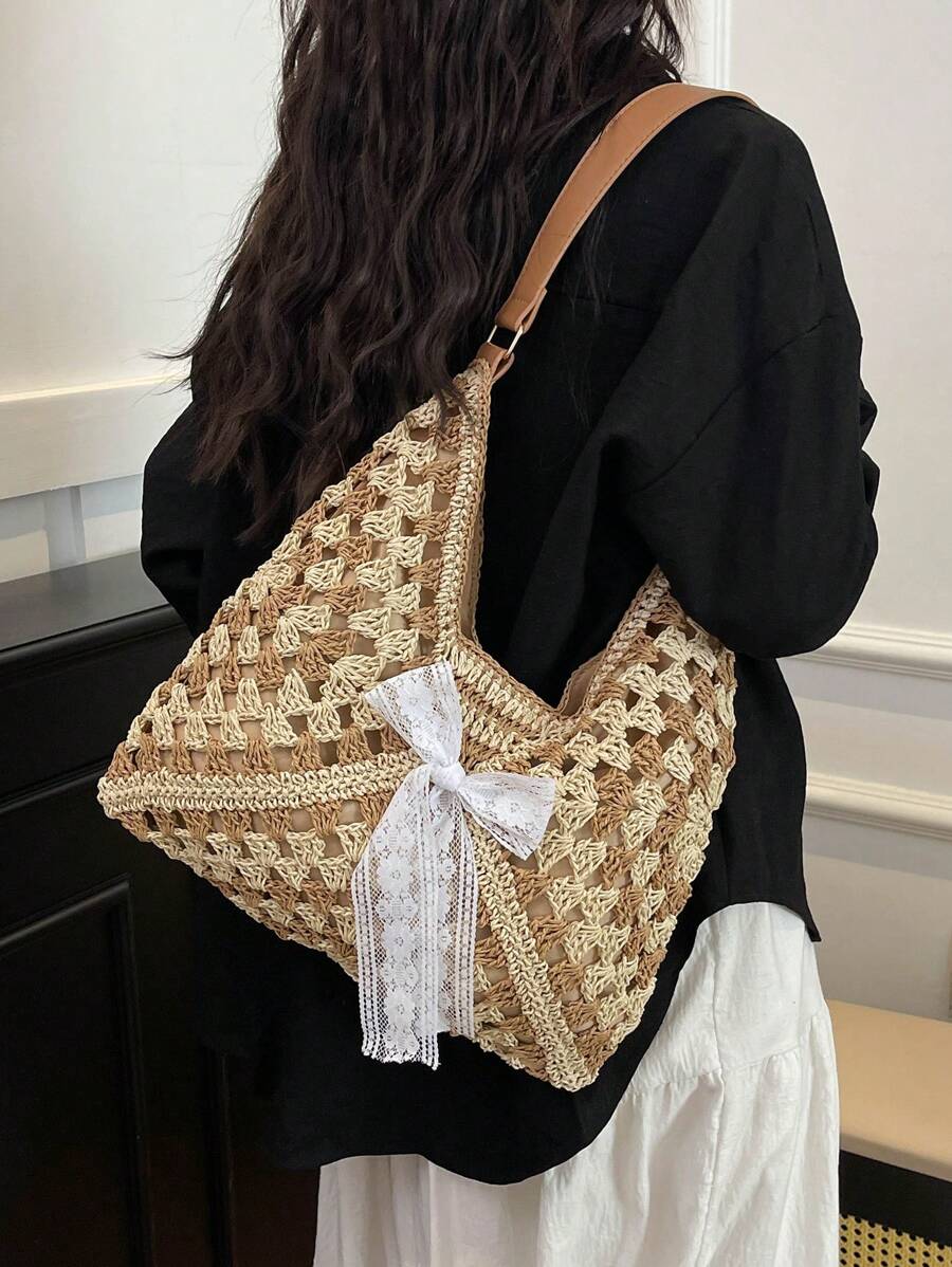 Borsa estiva bohemien da donna in paglia | Grande, design all'uncinetto