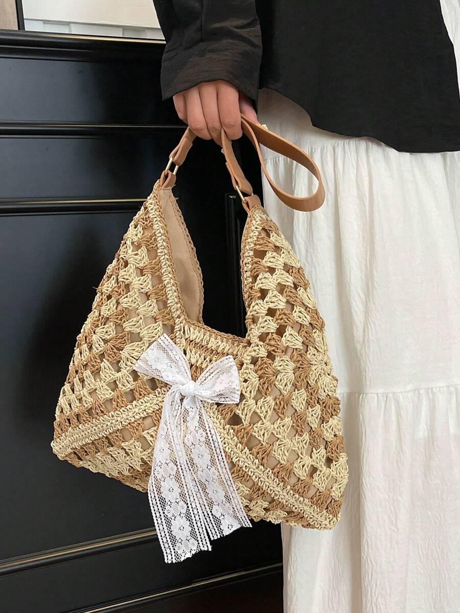 Borsa estiva bohemien da donna in paglia | Grande, design all'uncinetto