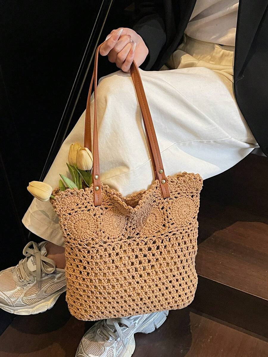 Borsa estiva bohemien da donna in paglia | Grande, design all'uncinetto