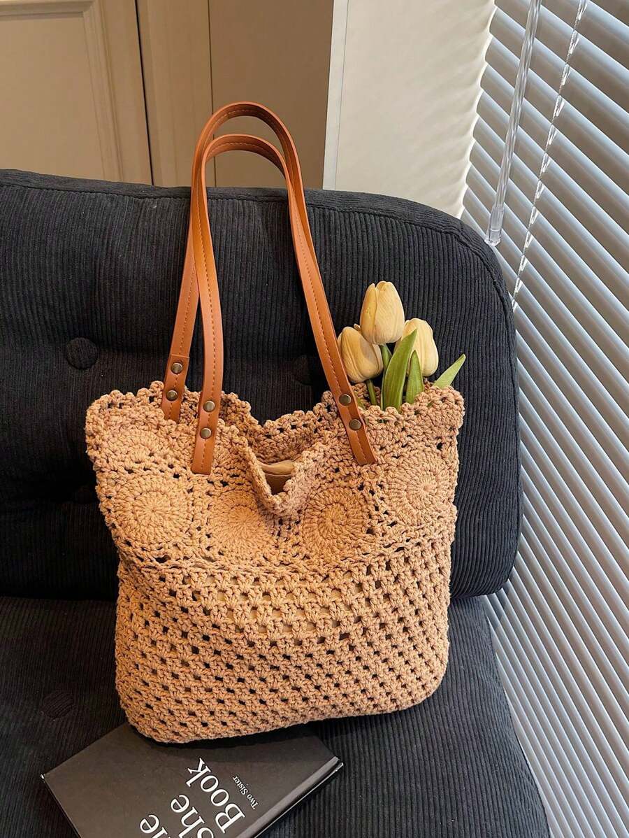 Borsa estiva bohemien da donna in paglia | Grande, design all'uncinetto