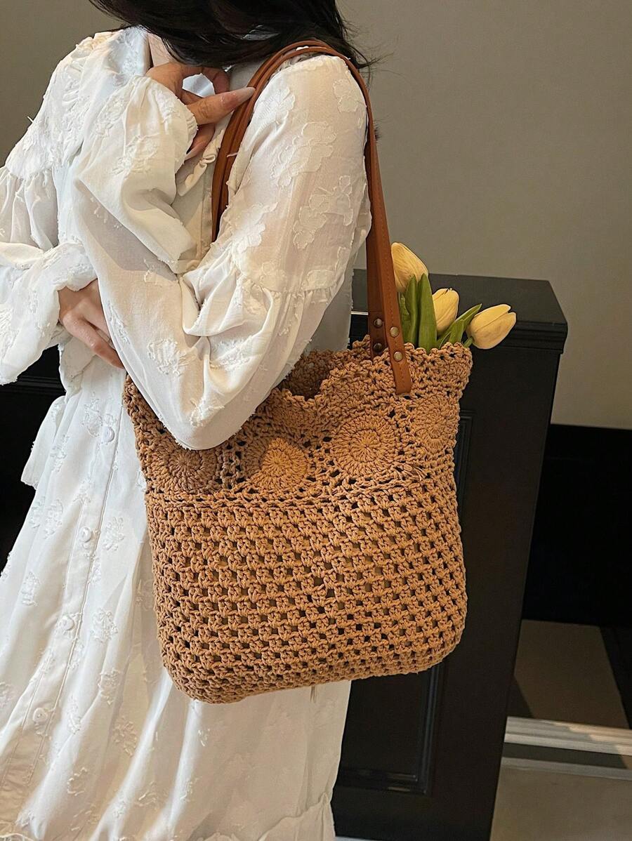 Borsa estiva bohemien da donna in paglia | Grande, design all'uncinetto