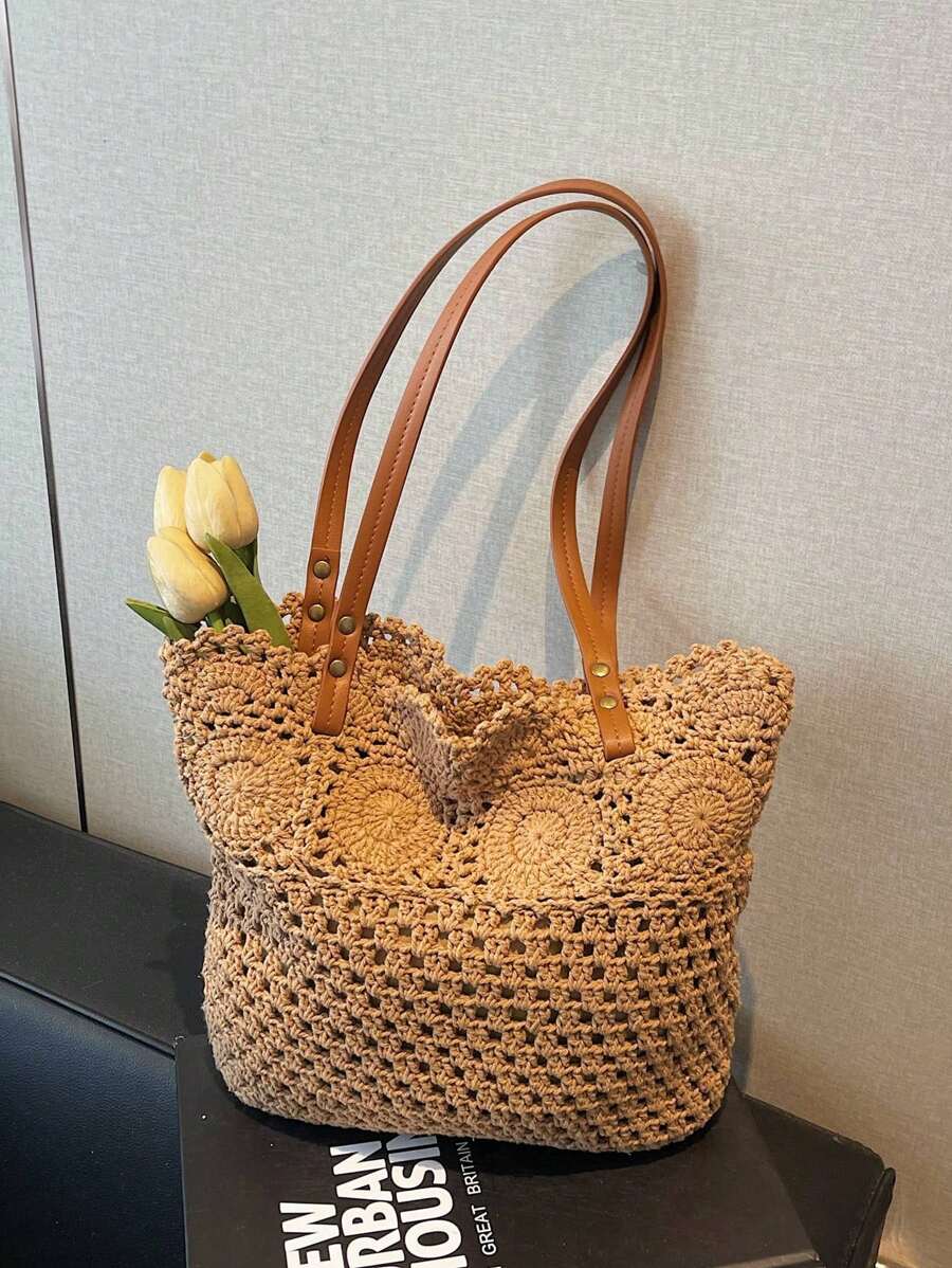 Borsa estiva bohemien da donna in paglia | Grande, design all'uncinetto