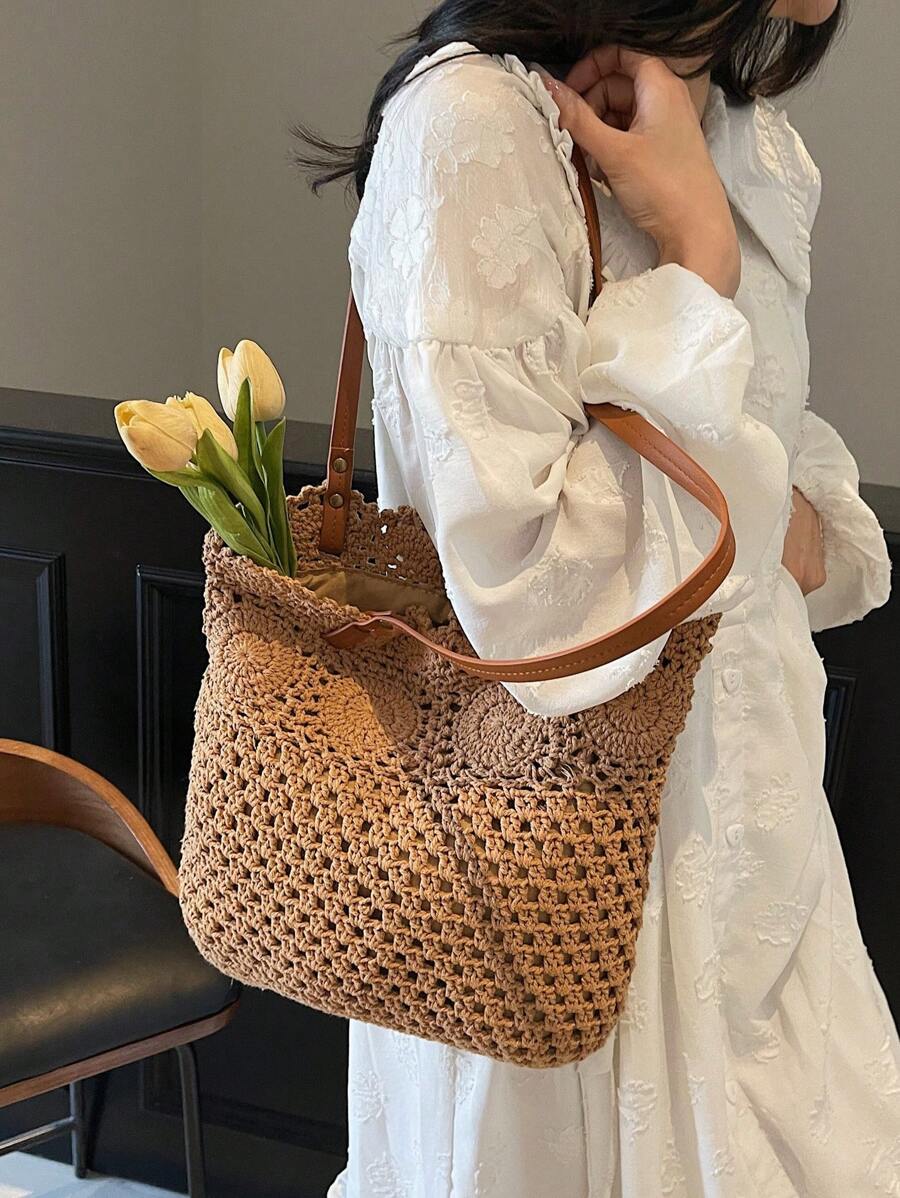 Borsa estiva bohemien da donna in paglia | Grande, design all'uncinetto