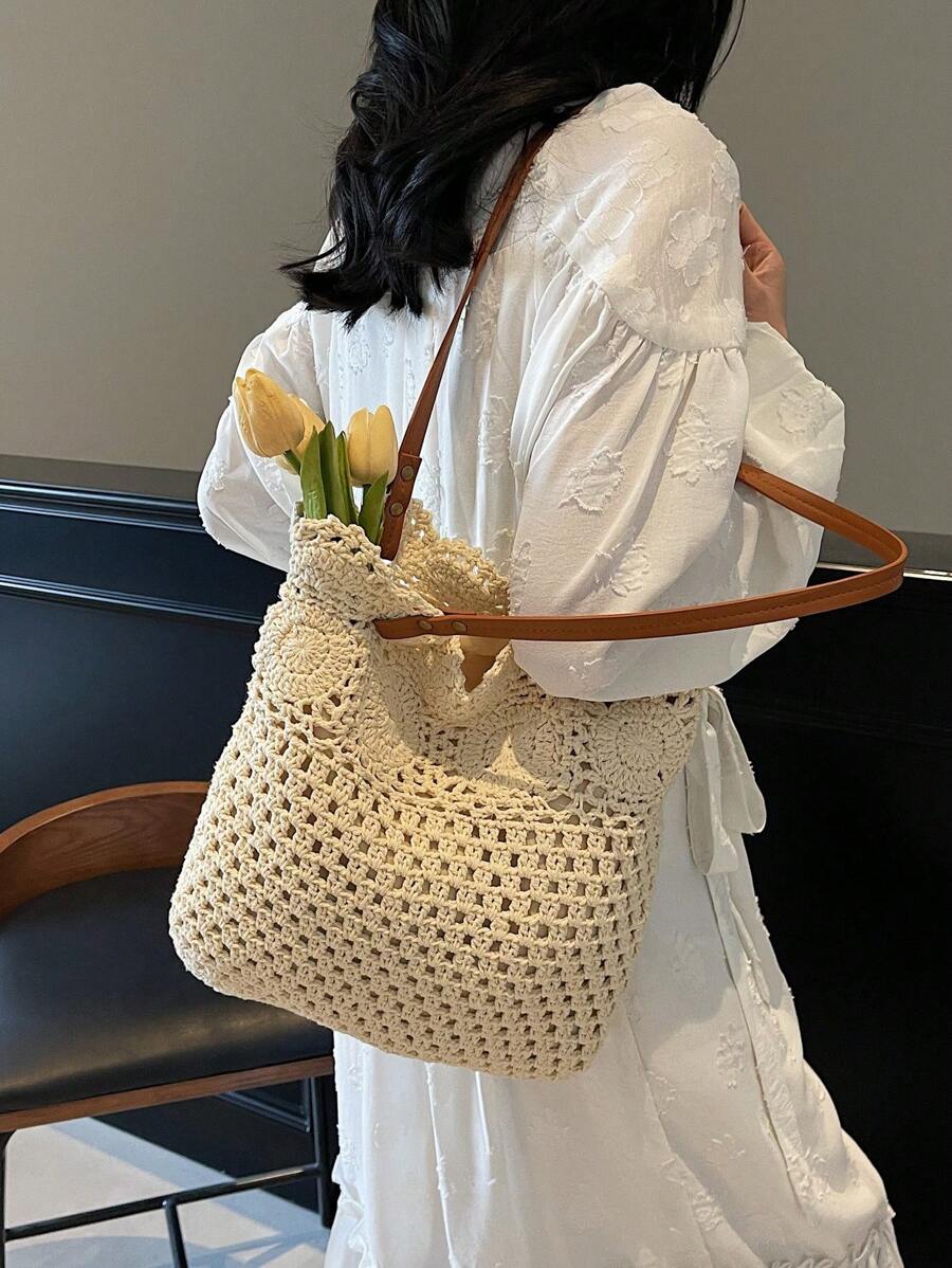 Borsa estiva bohemien da donna in paglia | Grande, design all'uncinetto