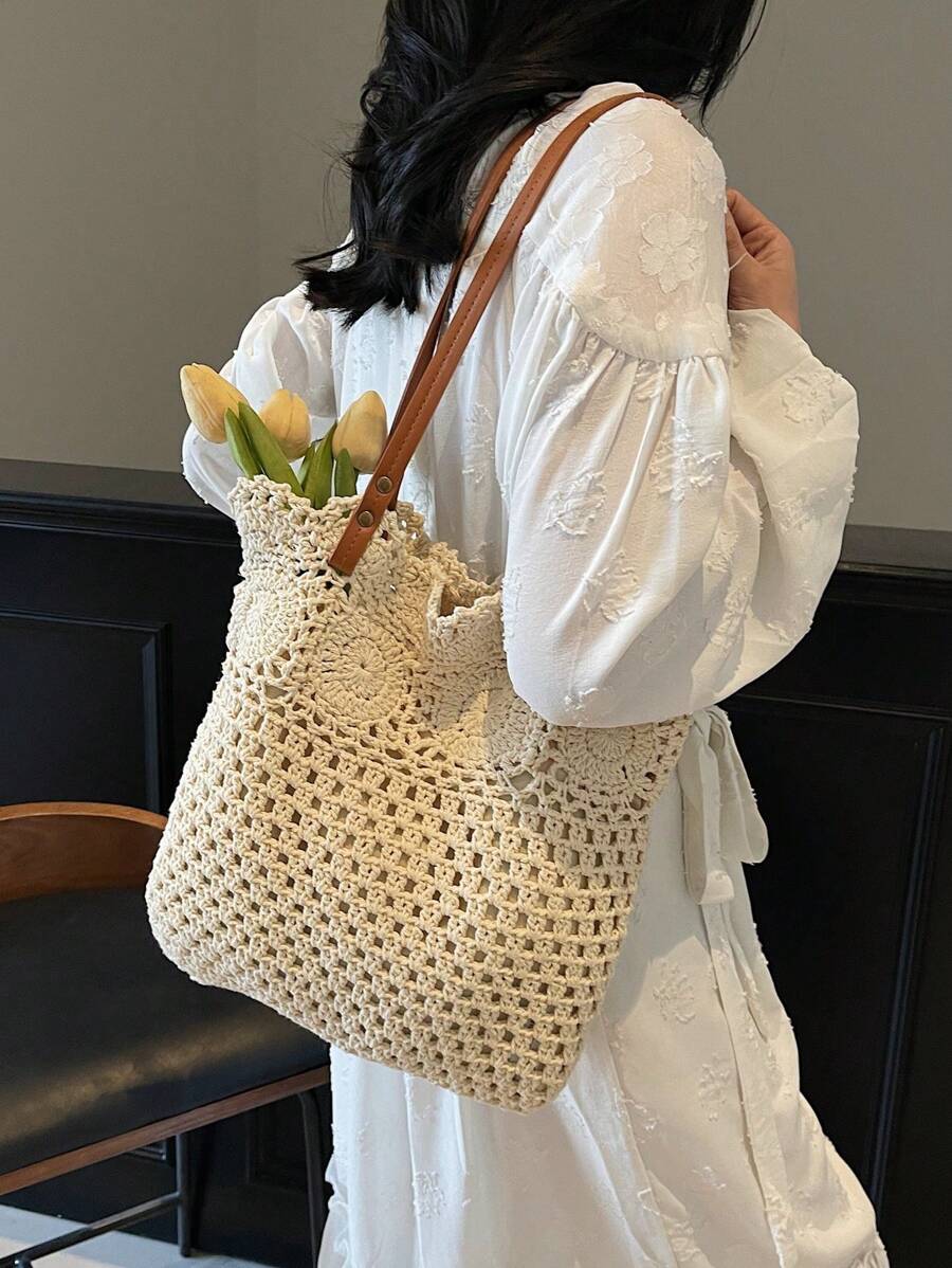 Borsa estiva bohemien da donna in paglia | Grande, design all'uncinetto