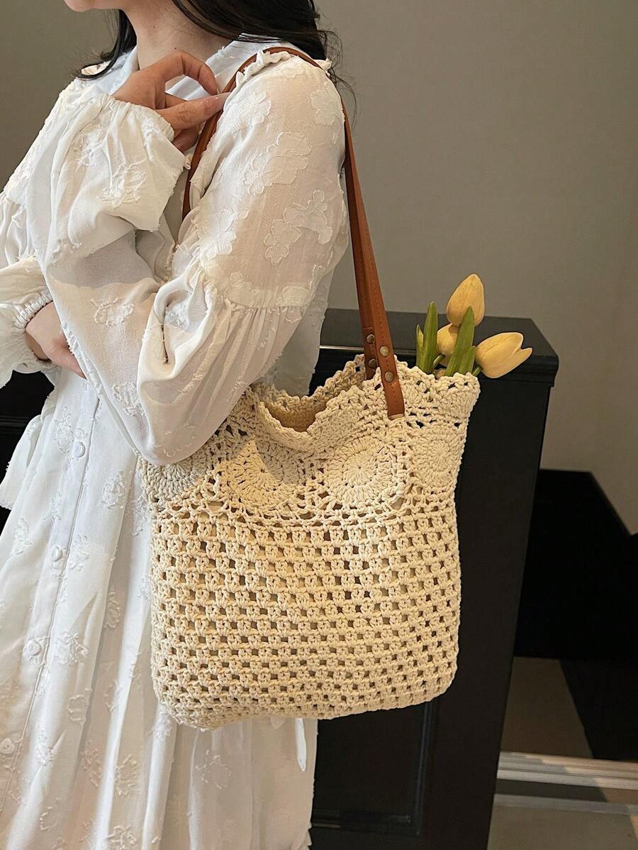 Borsa estiva bohemien da donna in paglia | Grande, design all'uncinetto