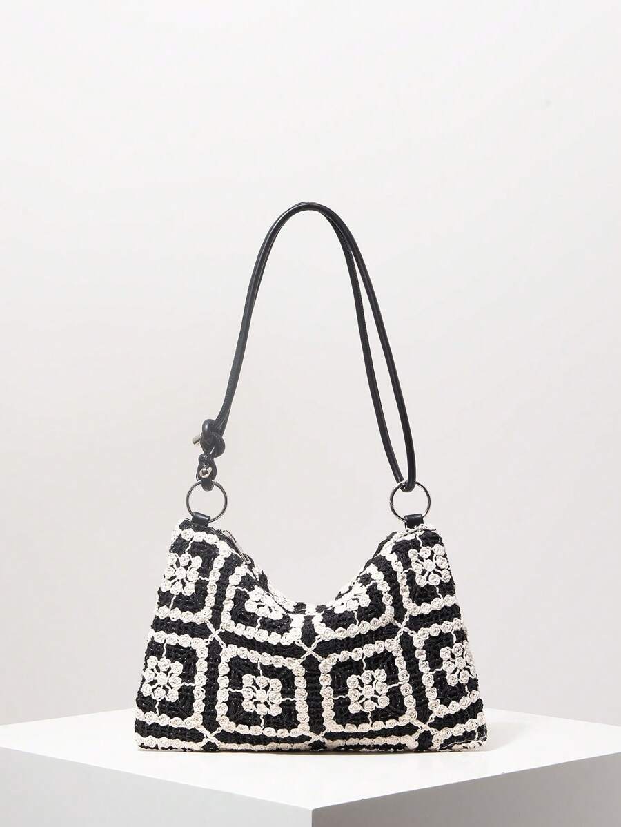 Borsa estiva bohemien da donna in paglia | Piccola, con design all'uncinetto