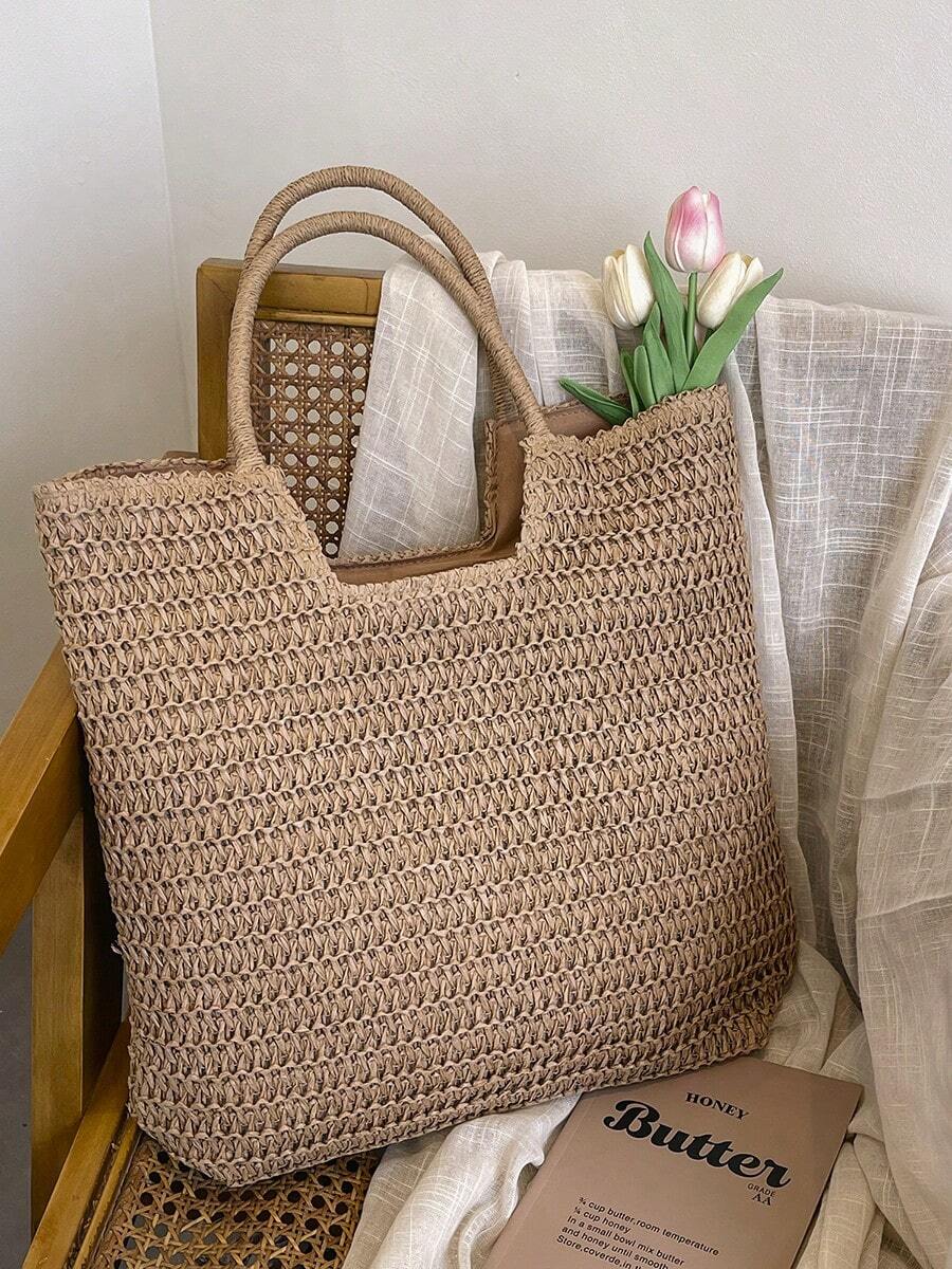 Borsa estiva bohemien da donna in paglia | Grande, design all'uncinetto