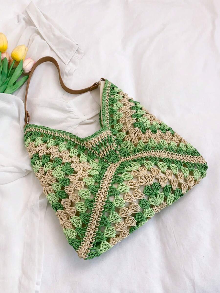 Borsa estiva bohemien da donna in paglia | Grande, design all'uncinetto