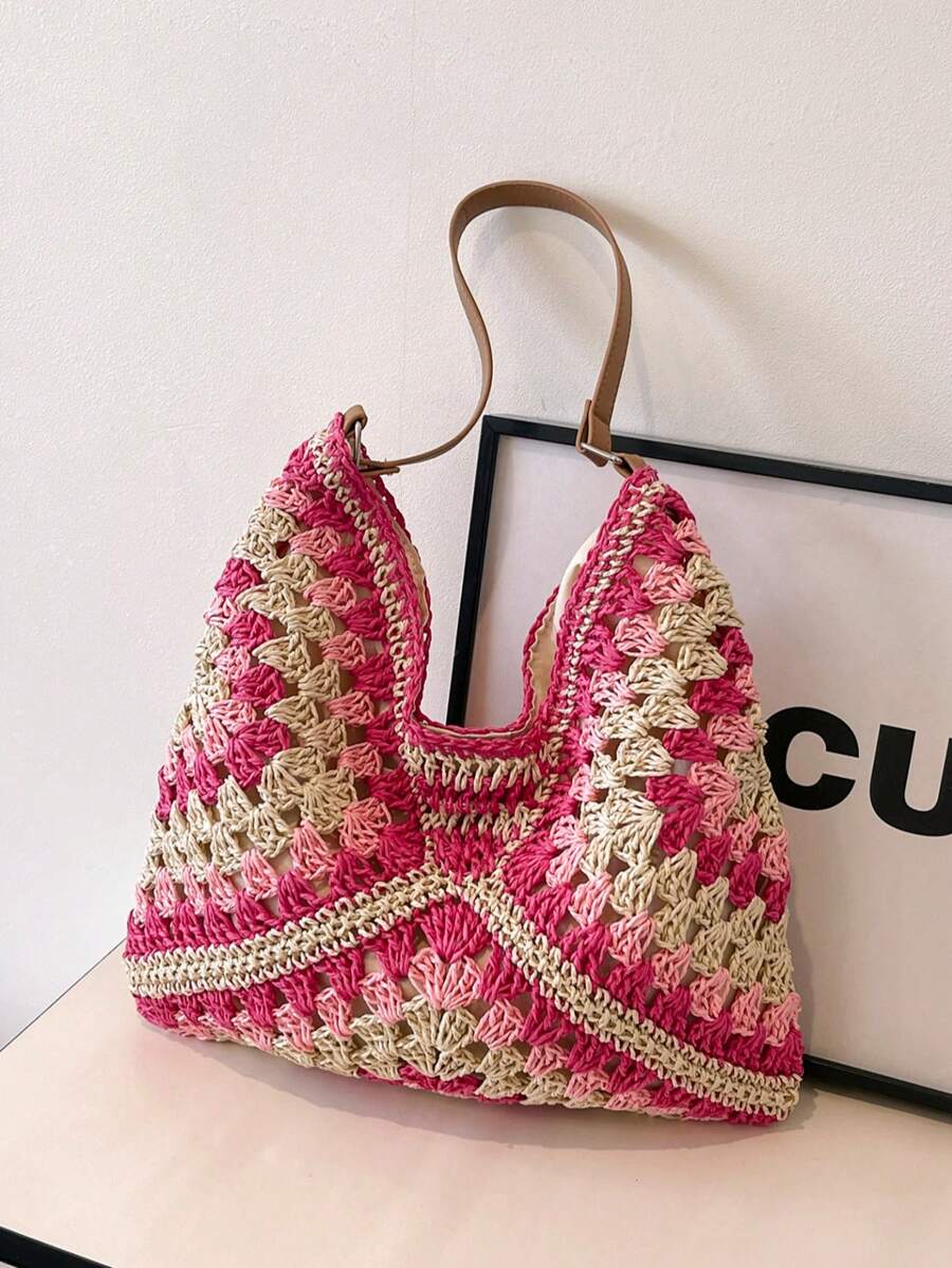 Borsa estiva bohemien da donna in paglia | Grande, design all'uncinetto