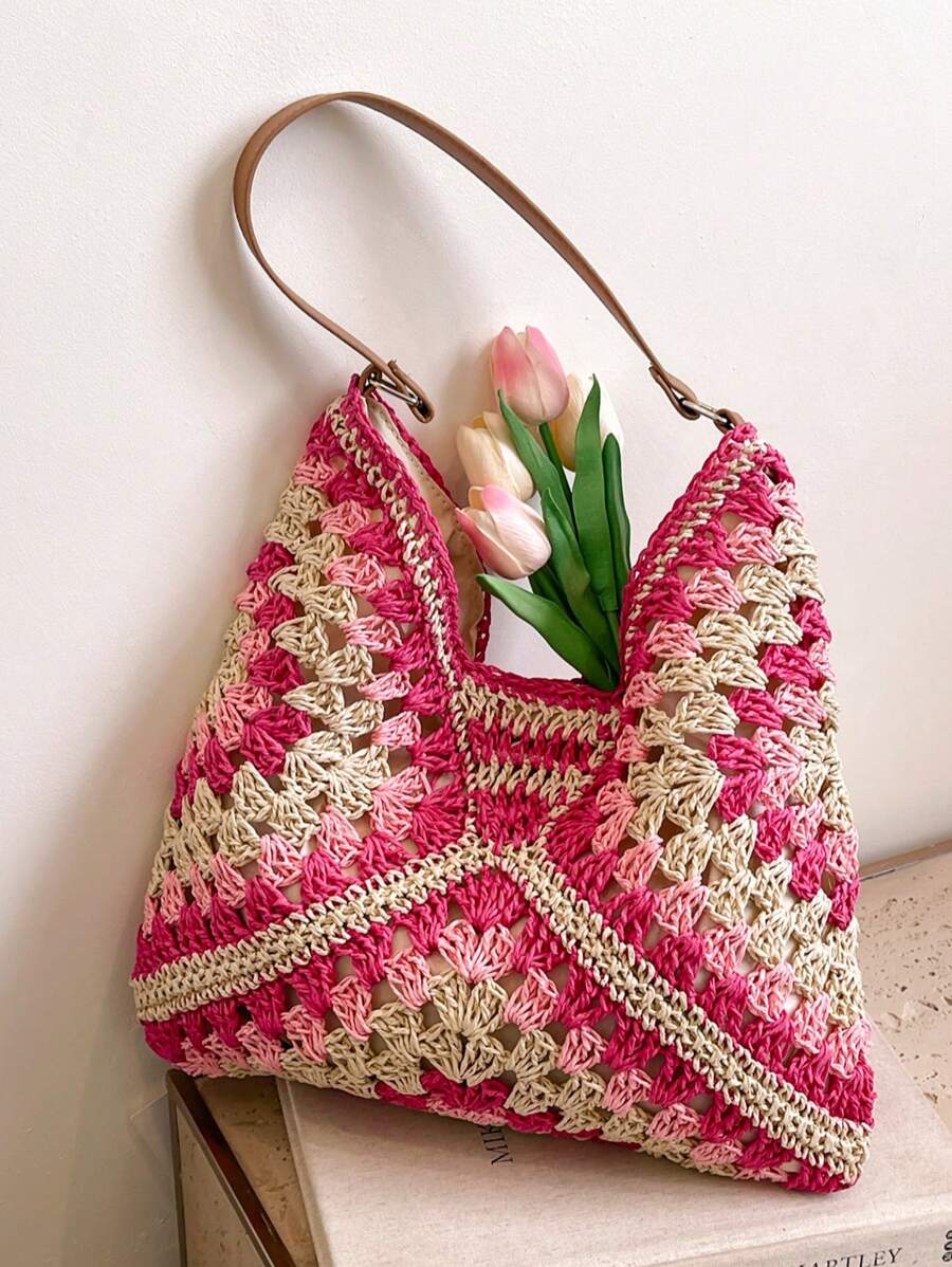 Borsa estiva bohemien da donna in paglia | Grande, design all'uncinetto