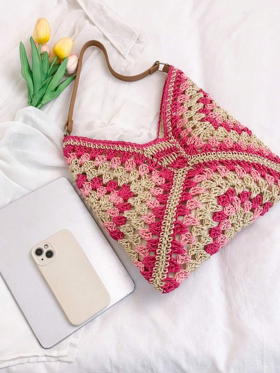 Borsa estiva bohemien da donna in paglia | Grande, design all'uncinetto