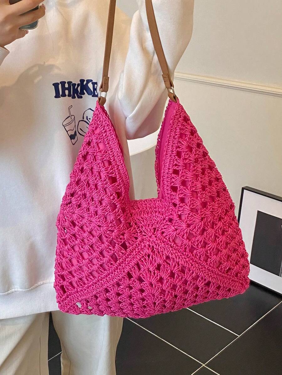 Borsa estiva bohemien da donna in paglia | Grande, design all'uncinetto