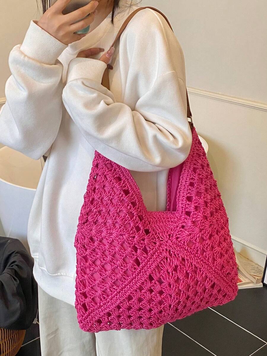 Borsa estiva bohemien da donna in paglia | Grande, design all'uncinetto