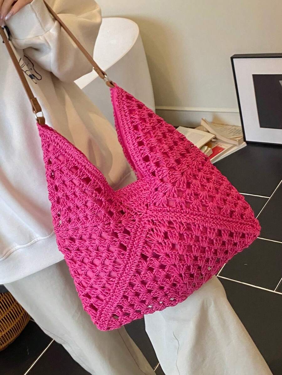 Borsa estiva bohemien da donna in paglia | Grande, design all'uncinetto