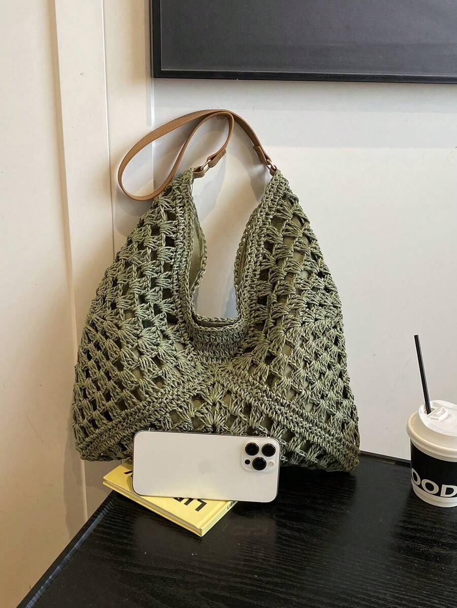 Borsa estiva bohemien da donna in paglia | Grande, design all'uncinetto