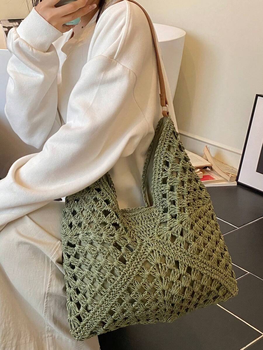 Borsa estiva bohemien da donna in paglia | Grande, design all'uncinetto