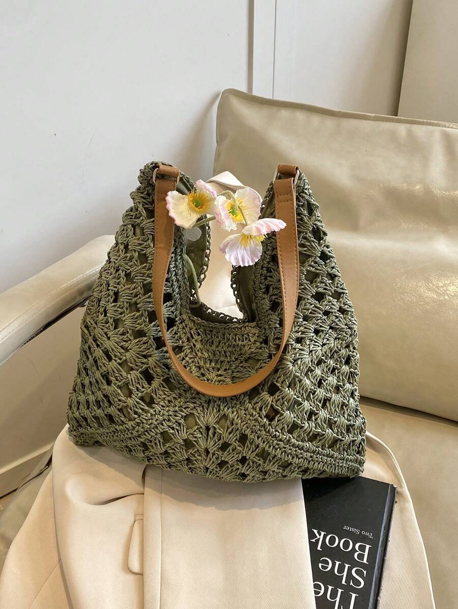 Borsa estiva bohemien da donna in paglia | Grande, design all'uncinetto