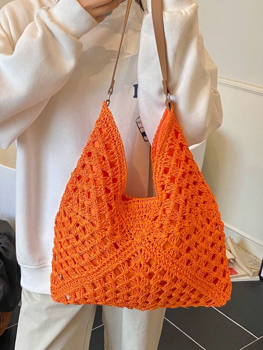 Borsa estiva bohemien da donna in paglia | Grande, design all'uncinetto