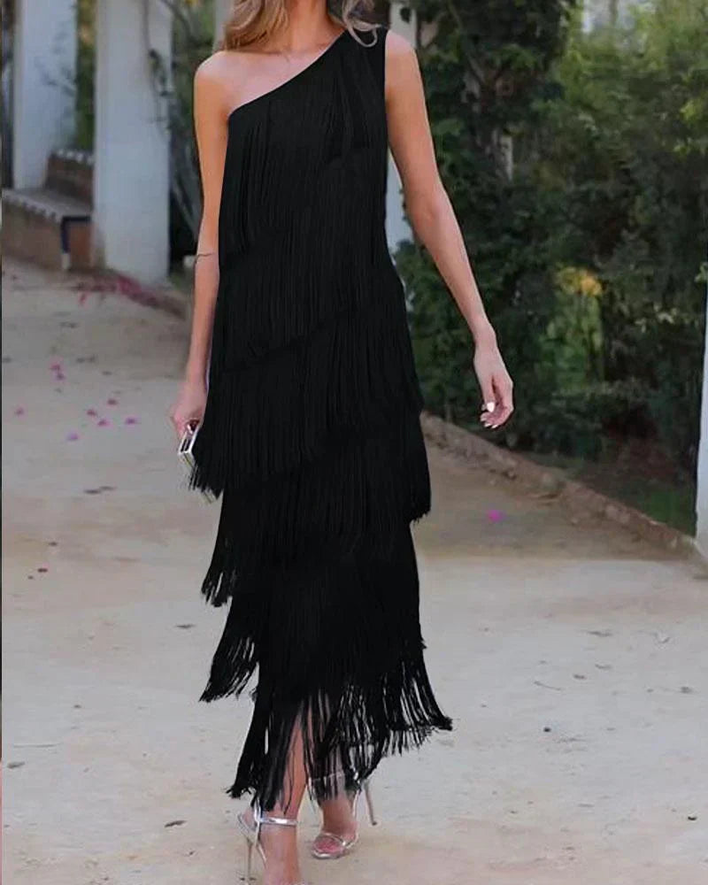 Dames Elegante avondjurk met franjes | Maxi