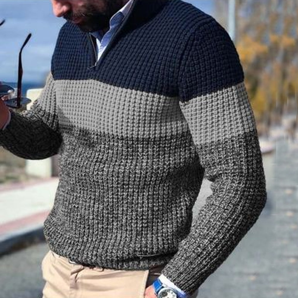 Heren Grofgebreide Pullover | Korte Rits in Kleurenblokstijl