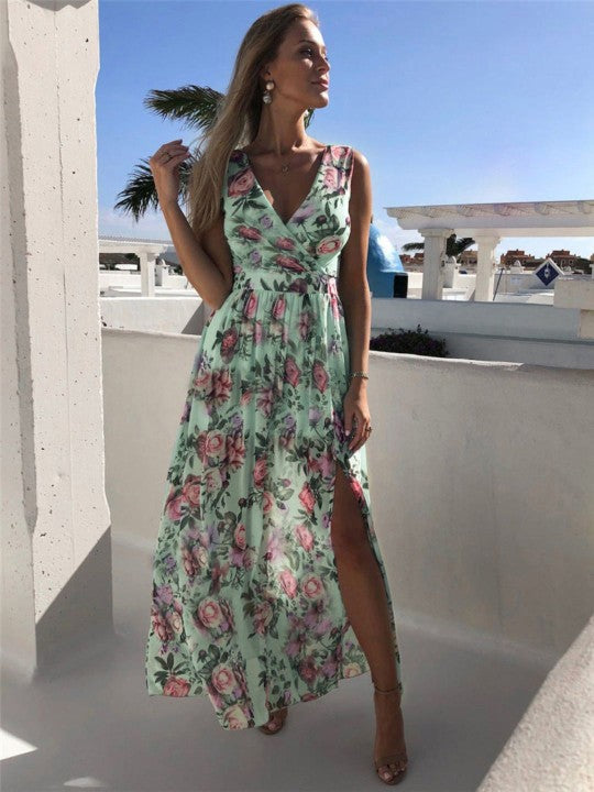 Abito estivo leggero da donna con stampa floreale e spacco alto | Maxi