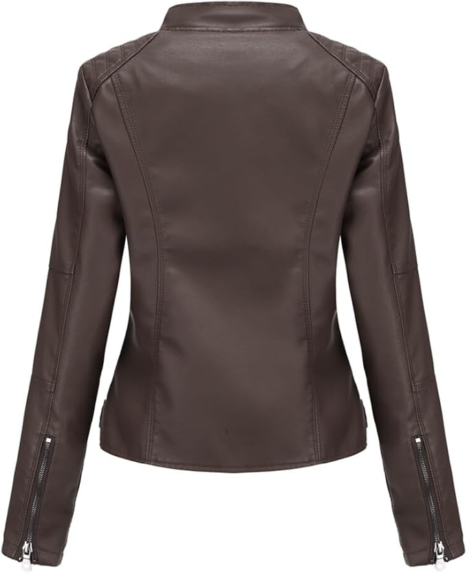 Giacca in pelle autunnale da donna | corta, con tasche con cerniera