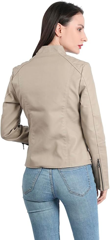 Giacca in pelle autunnale da donna | corta, con tasche con cerniera