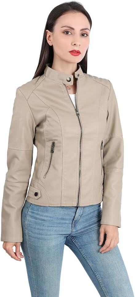 Giacca in pelle autunnale da donna | corta, con tasche con cerniera
